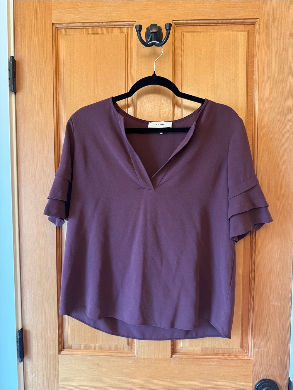 Frame Denim V-Neck Short Sleeve Blouse in Plum